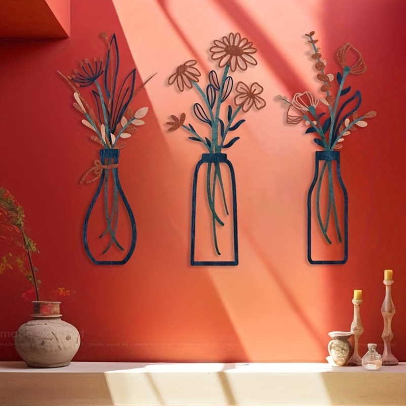 Interior Design Office - 3つの大きな花柄の壁掛け彫刻 - モダンなファームハウス装飾、エレガントな吊り下げ花瓶デザイン、素朴な屋内/屋外用メタルフラワー（青、オレンジ、茶色など） - 結婚式、自宅、オフィス、庭の装飾 -