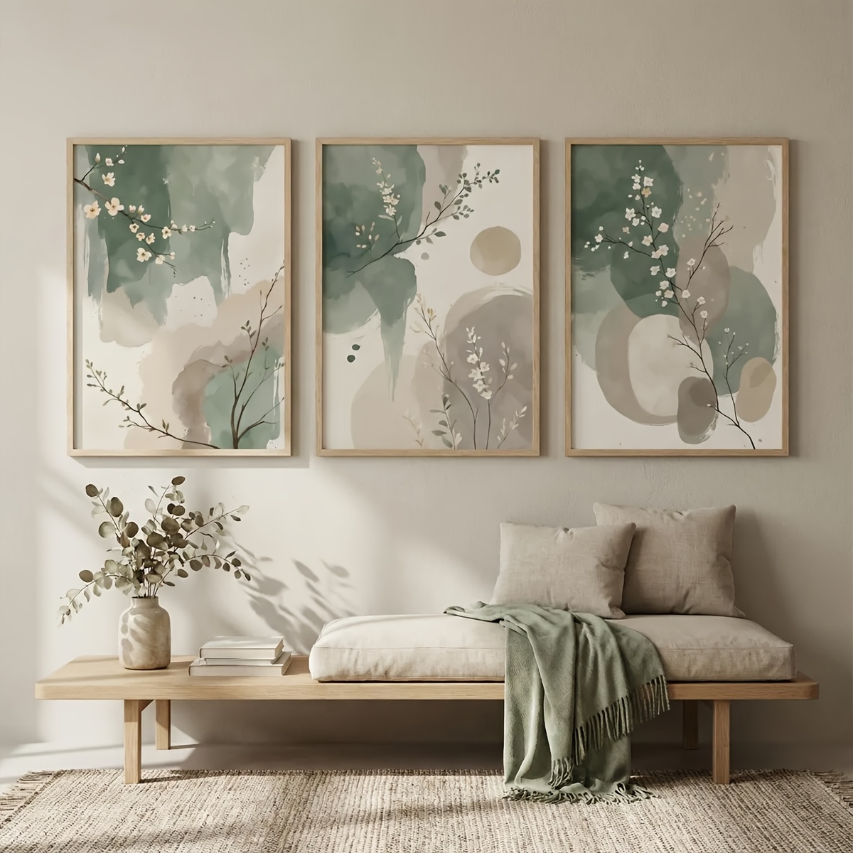 Interior Design Office - 3ピース 日本風植物キャンバスウォールアート フレームレス抽象水彩画 セージグリーン＆ベージュリーフキャンバスポスター 寝室の装飾用