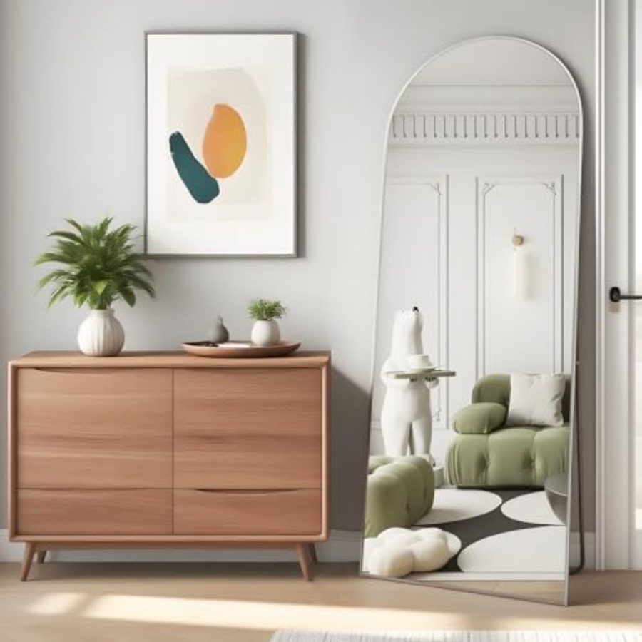 Arch Mirror Leaning - 全身鏡、56インチ×16インチのアーチ型フロアミラー（スタンド付き）、寝室やリビングルーム用のアーチ型全身スタンドミラーまたは立て掛けミラー