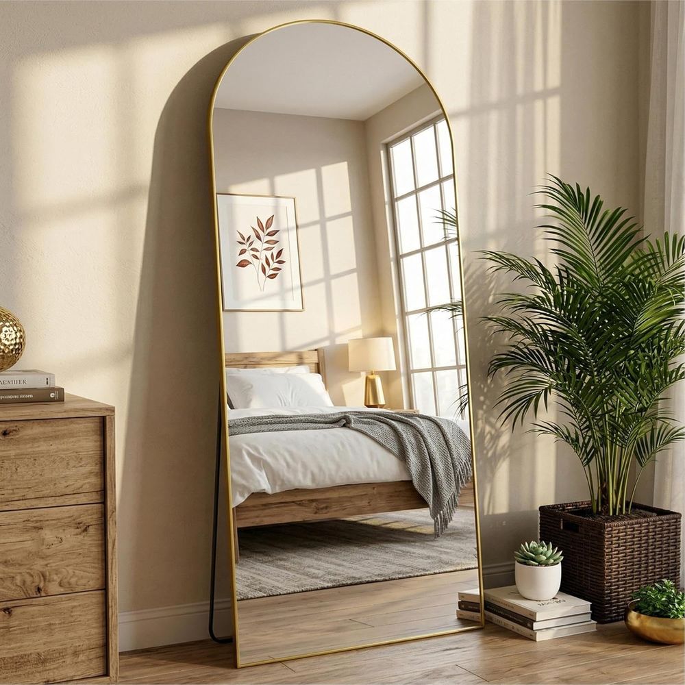 Arch Mirror Leaning - アーチ型の全身鏡 71 x 28インチ、スタンド付き全身鏡、壁掛けまたは壁に立てて置く、金属製のフロアミラー