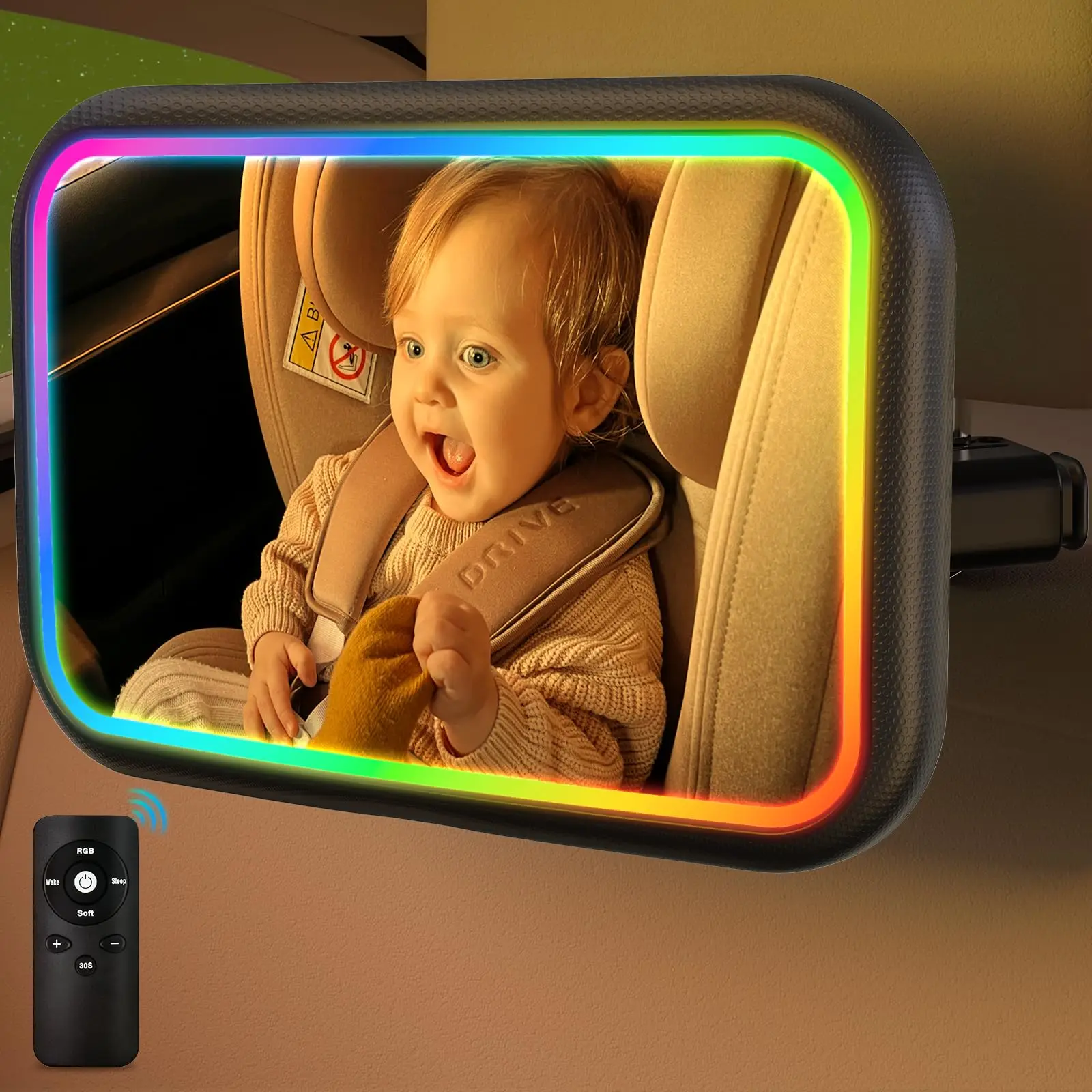 Interior Design Remote - ライト付きベビーカーミラー、7色RGBライト付き後向きベビーカーシートミラー、リモコン付き360度回転 ° 回転フッククリップデザイン