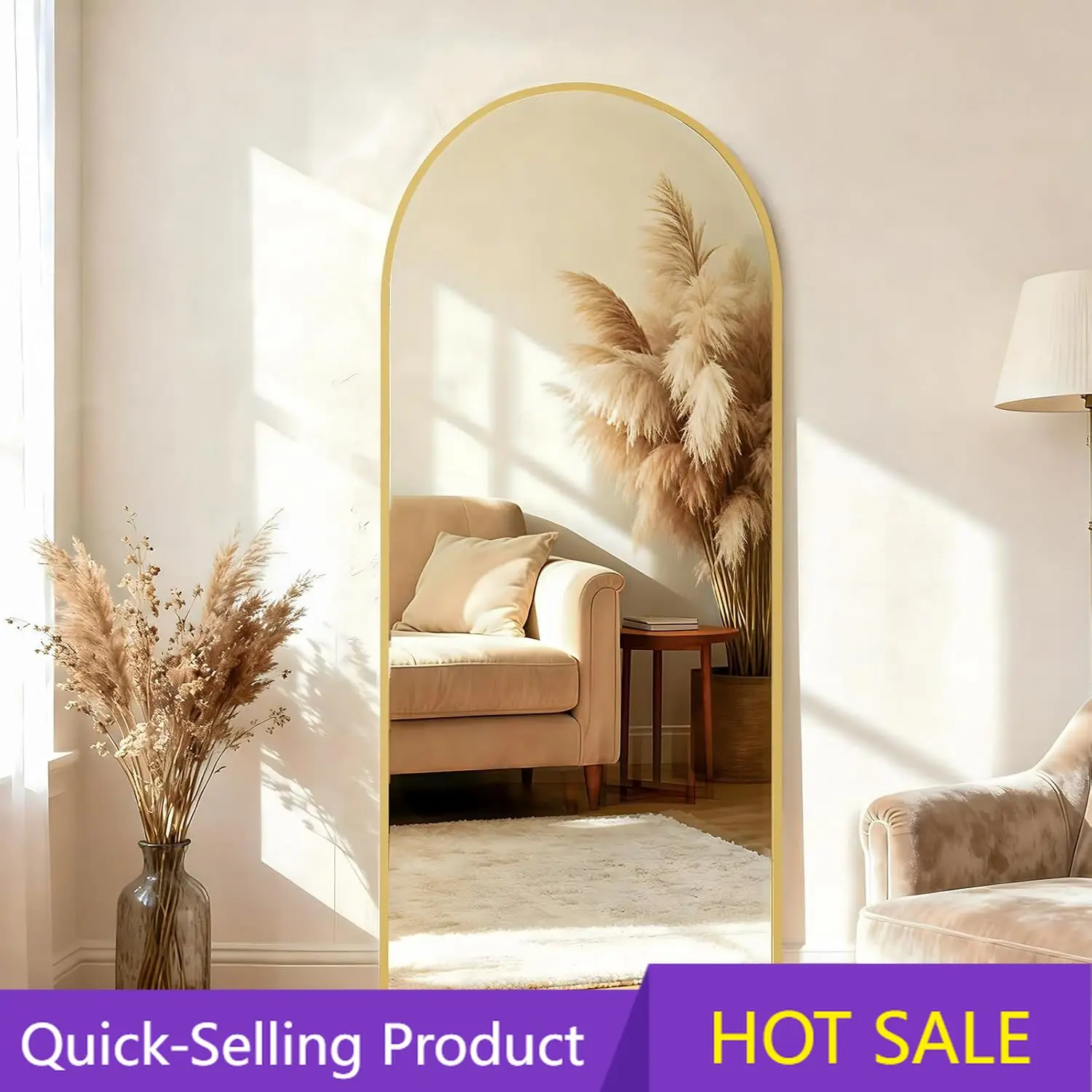 Arch Mirror Leaning - 65インチ x 24インチ アーチ型全身鏡 スタンド付き、ゴールド |