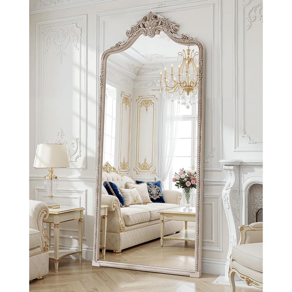 Arch Mirror Leaning - 壁掛けアーチ型全身鏡、71x32インチ、伝統的な装飾が施されたヴィンテージ風、寝室用、壁掛け式、置き型、ロコックアンティーク風