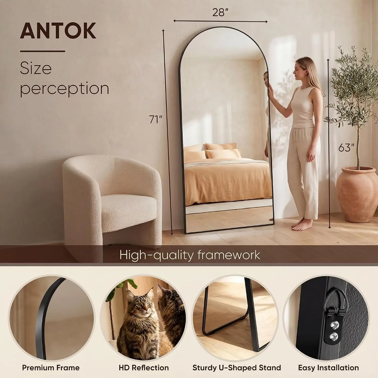 71インチ x 28インチ アーチ型全身鏡、黒色アルミフレー - Arch Mirror Leaning のレビューと価格