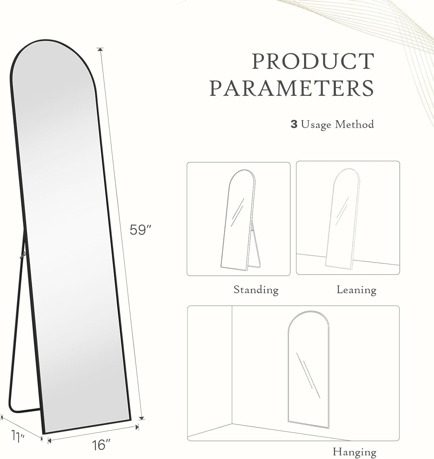 59インチアーチ型全身鏡、壁掛け/壁掛け式合金フレームミラー - Arch Mirror Leaning のレビューと価格