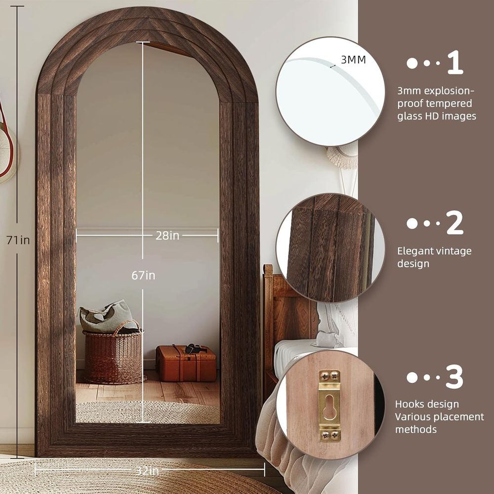 アーチ型の全長鏡、無垢材製 |   71x32 アームハウス - Arch Mirror Leaning のレビューと価格