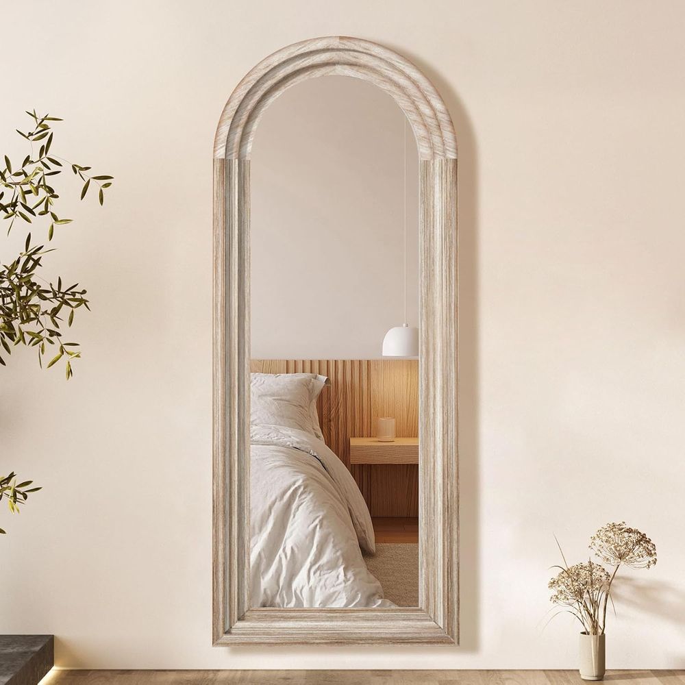アーチ型の全長鏡、無垢材製、65x24インチ、壁掛け式、床置 - Arch Mirror Leaning のレビューと価格