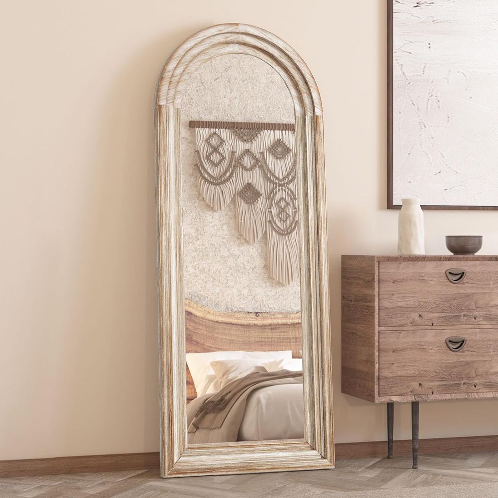 アーチ型の全長鏡、無垢材製、65x24インチ、壁掛け式、床置 - Arch Mirror Leaning のレビューと価格