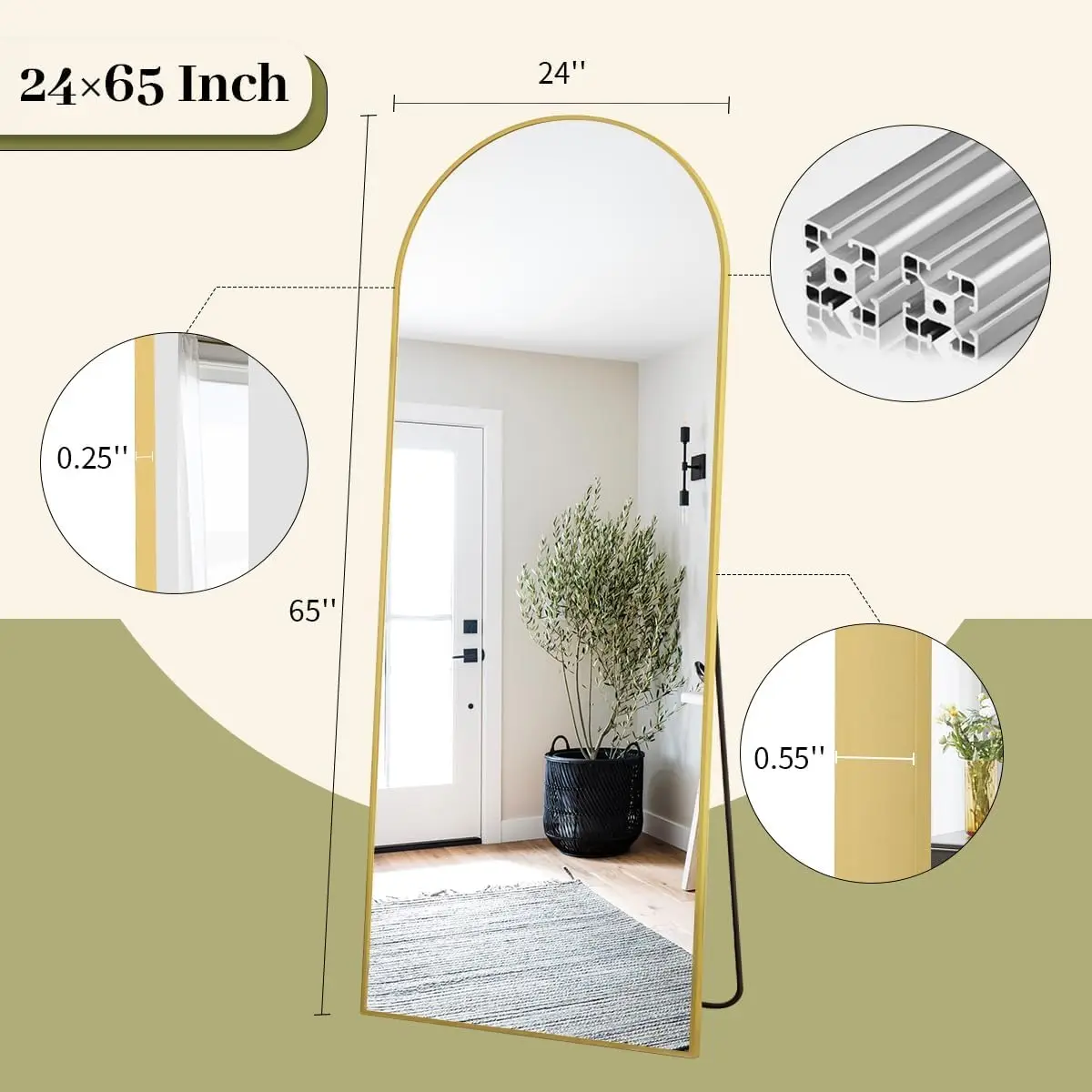 65インチ x 24インチ アーチ型全身鏡 スタンド付き、ゴ - Arch Mirror Leaning のレビューと価格