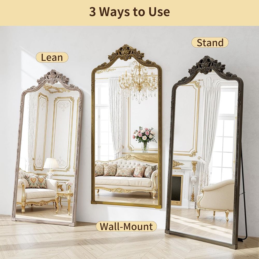 壁掛けアーチ型全身鏡、71x32インチ、伝統的な装飾が施され - Arch Mirror Leaning のレビューと価格
